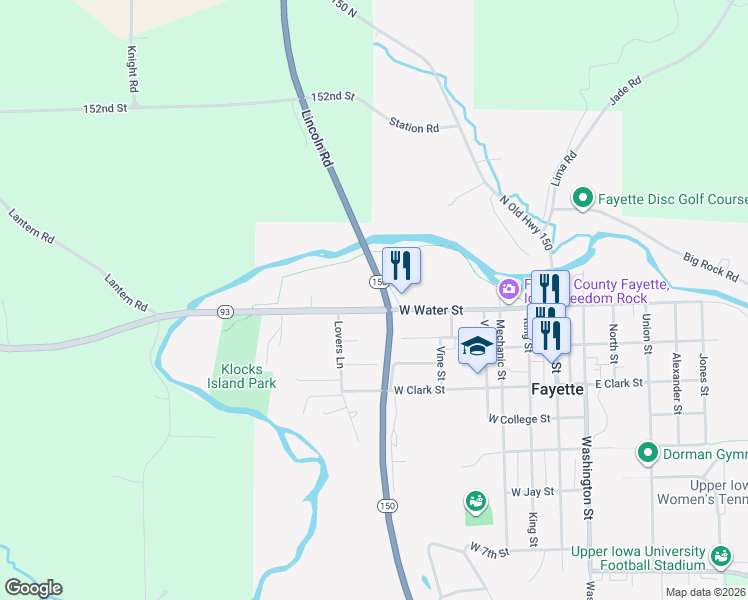 map of restaurants, bars, coffee shops, grocery stores, and more near 641-699 West Water Street in Fayette