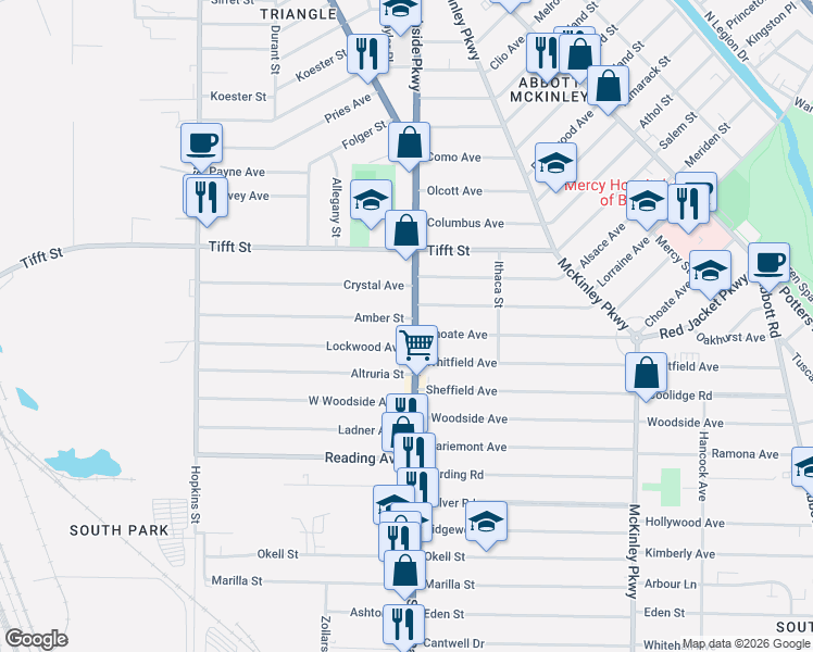 map of restaurants, bars, coffee shops, grocery stores, and more near 1983 South Park Avenue in Buffalo