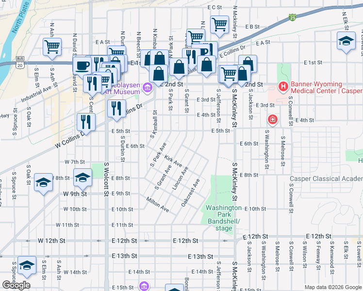 map of restaurants, bars, coffee shops, grocery stores, and more near 815 South Grant Street in Casper