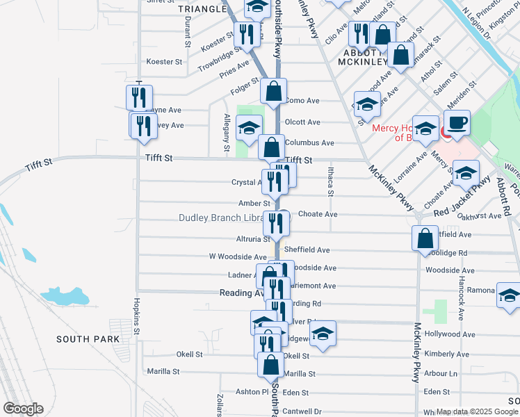 map of restaurants, bars, coffee shops, grocery stores, and more near 199 Amber Street in Buffalo