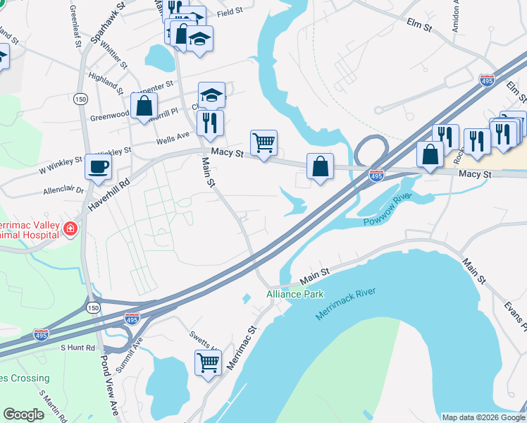 map of restaurants, bars, coffee shops, grocery stores, and more near 11 Bartlett Place in Amesbury