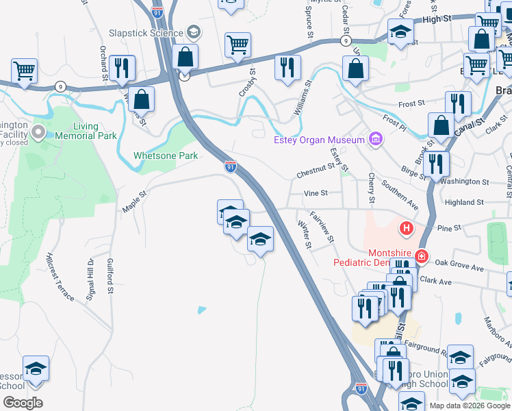map of restaurants, bars, coffee shops, grocery stores, and more near 301 Maple Street in Brattleboro