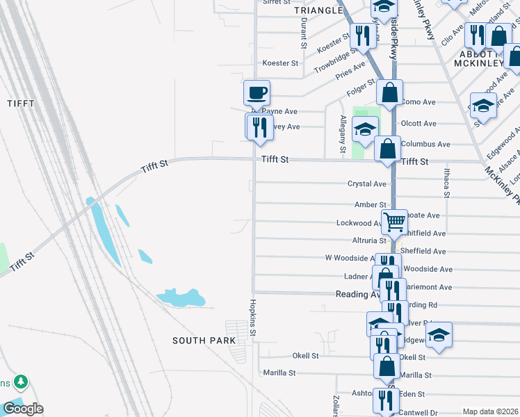 map of restaurants, bars, coffee shops, grocery stores, and more near 265 Hopkins Street in Buffalo