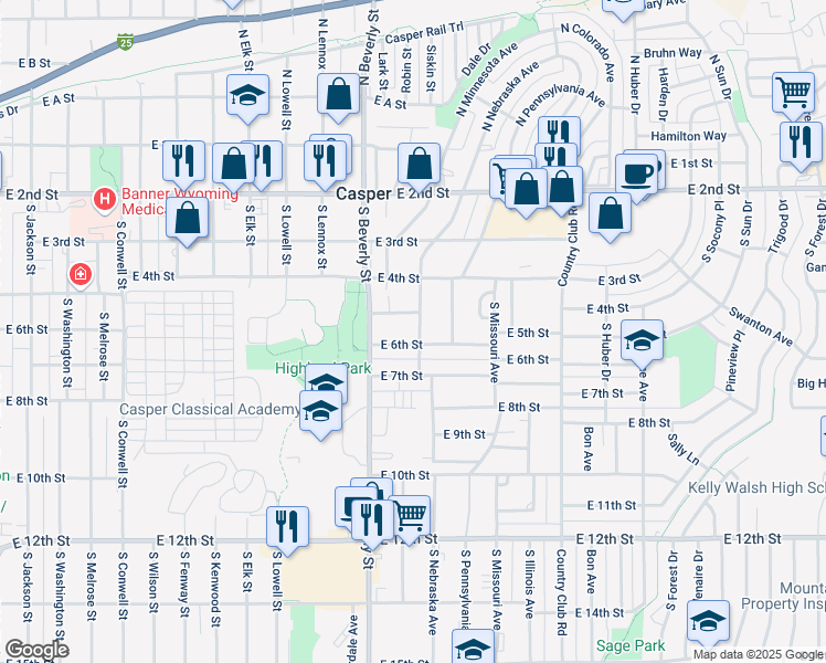 map of restaurants, bars, coffee shops, grocery stores, and more near 554 South Nebraska Avenue in Casper