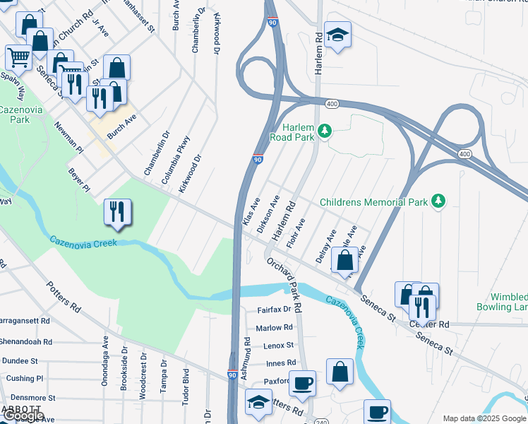map of restaurants, bars, coffee shops, grocery stores, and more near 41 Dirkson Avenue in West Seneca