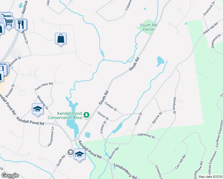 map of restaurants, bars, coffee shops, grocery stores, and more near 116 South Road in Londonderry