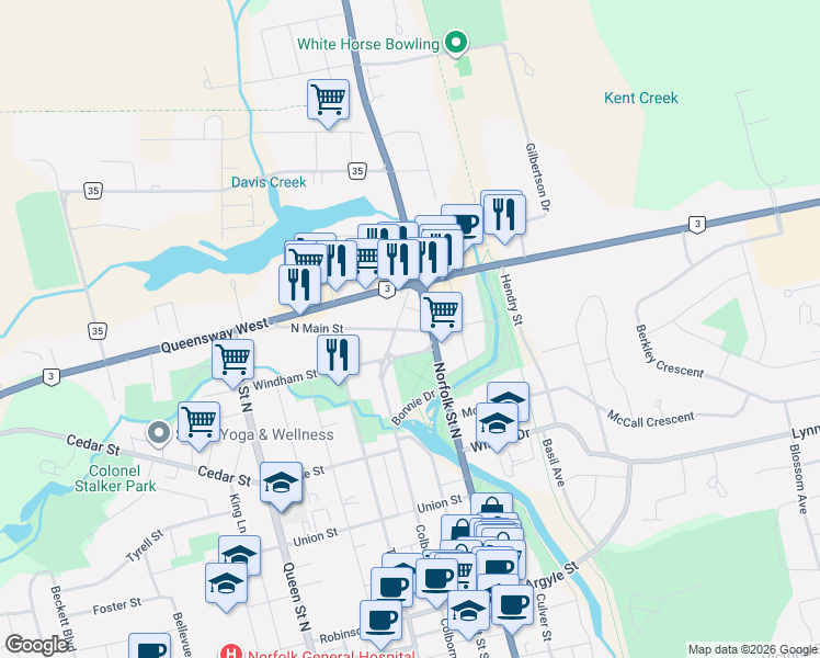 map of restaurants, bars, coffee shops, grocery stores, and more near 354 Norfolk Street North in Simcoe