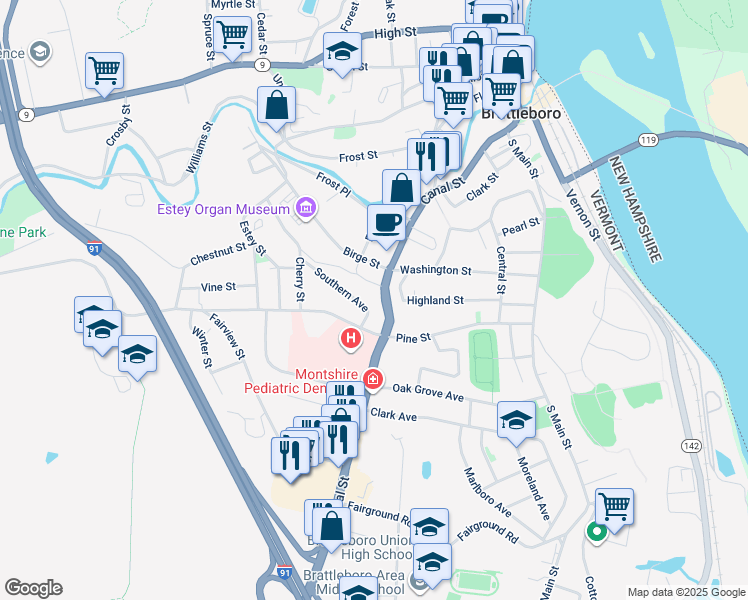 map of restaurants, bars, coffee shops, grocery stores, and more near 111 Southern Avenue in Brattleboro