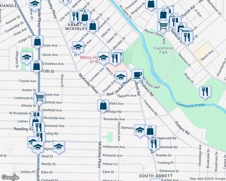 map of restaurants, bars, coffee shops, grocery stores, and more near 27 Red Jacket Parkway in Buffalo