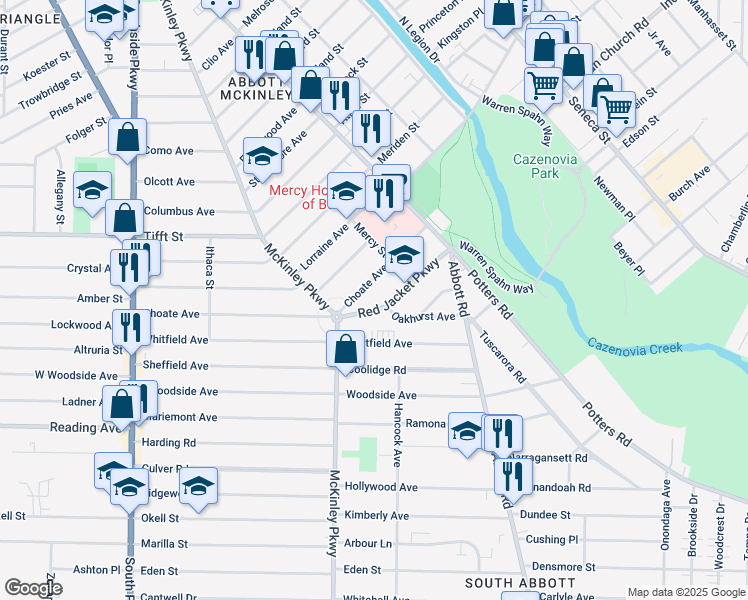 map of restaurants, bars, coffee shops, grocery stores, and more near 27 Red Jacket Parkway in Buffalo