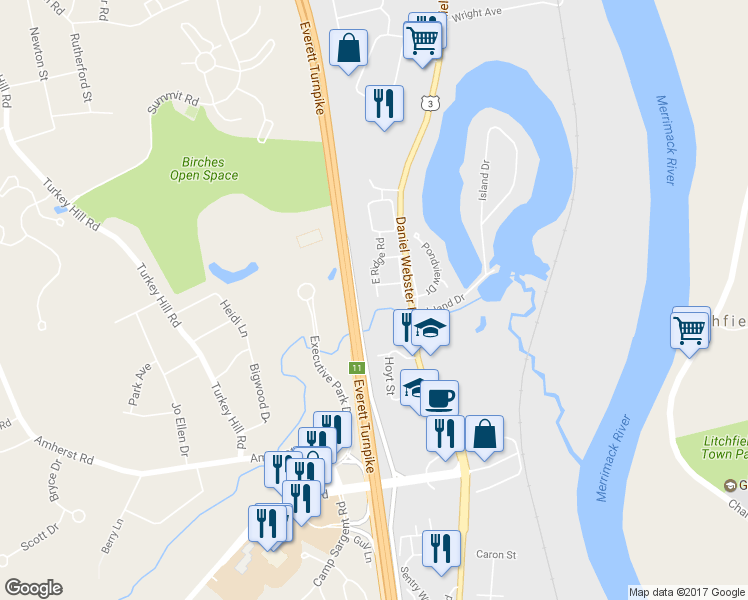 map of restaurants, bars, coffee shops, grocery stores, and more near 97 East Ridge Road in Merrimack