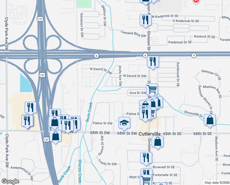 map of restaurants, bars, coffee shops, grocery stores, and more near 200-298 Inca Drive Southwest in Grand Rapids