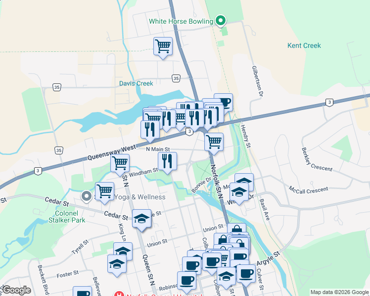 map of restaurants, bars, coffee shops, grocery stores, and more near 28 North Main Street in Simcoe