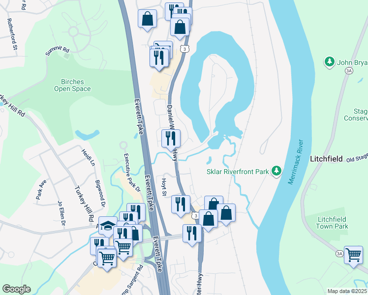 map of restaurants, bars, coffee shops, grocery stores, and more near 3 Pondview Drive in Merrimack