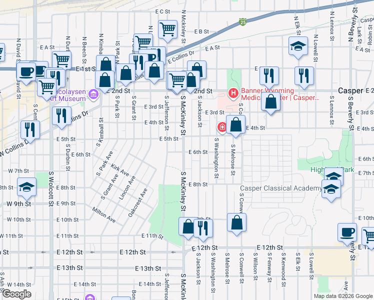 map of restaurants, bars, coffee shops, grocery stores, and more near 612 South McKinley Street in Casper