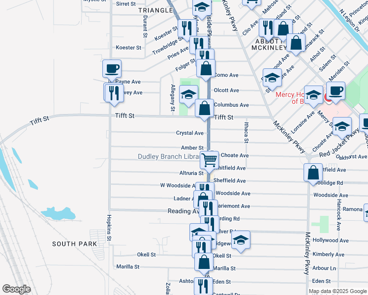 map of restaurants, bars, coffee shops, grocery stores, and more near Amber Street in Buffalo