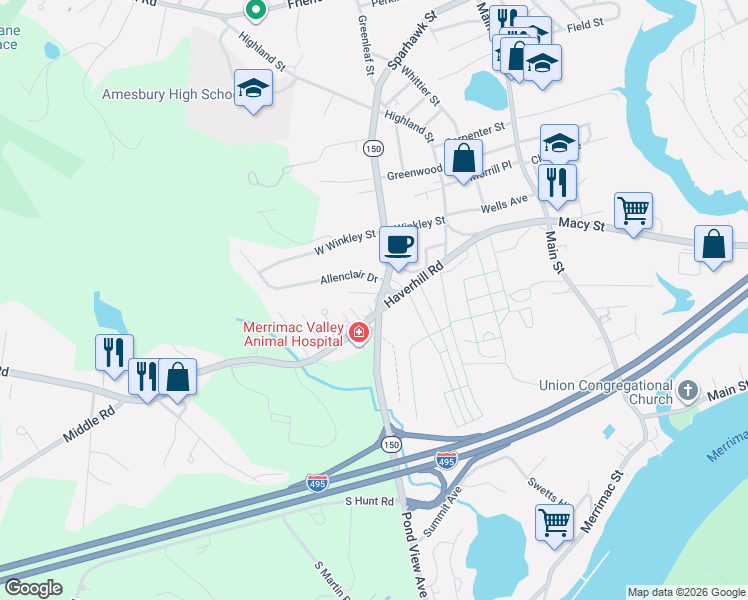 map of restaurants, bars, coffee shops, grocery stores, and more near 19 Haverhill Road in Amesbury