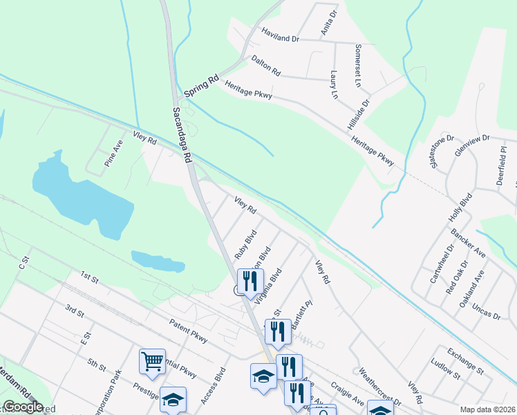 map of restaurants, bars, coffee shops, grocery stores, and more near 403 Vley Road in Schenectady