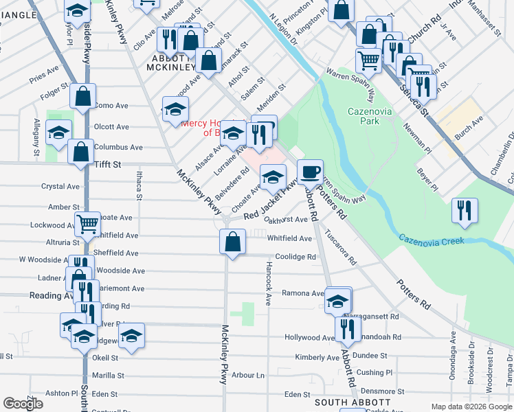 map of restaurants, bars, coffee shops, grocery stores, and more near 31 Red Jacket Parkway in Buffalo