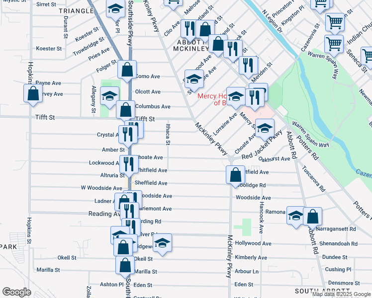 map of restaurants, bars, coffee shops, grocery stores, and more near 124 Choate Avenue in Buffalo
