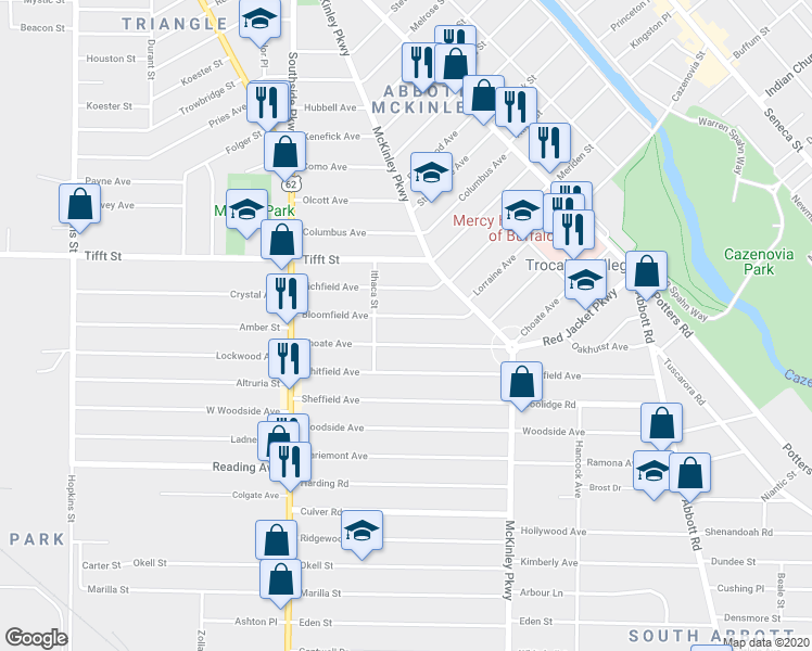 map of restaurants, bars, coffee shops, grocery stores, and more near 124 Choate Avenue in Buffalo