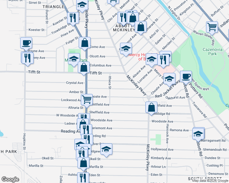 map of restaurants, bars, coffee shops, grocery stores, and more near 82 Choate Avenue in Buffalo