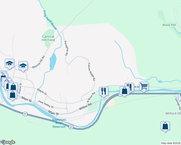 map of restaurants, bars, coffee shops, grocery stores, and more near Falcon Ridge Road in Milford