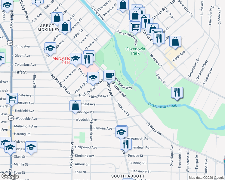 map of restaurants, bars, coffee shops, grocery stores, and more near 719 Abbott Road in Buffalo