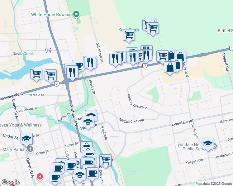 map of restaurants, bars, coffee shops, grocery stores, and more near 36 Gibson Drive in Simcoe