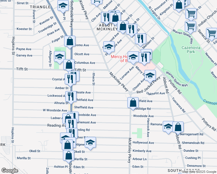 map of restaurants, bars, coffee shops, grocery stores, and more near 166 Choate Avenue in Buffalo