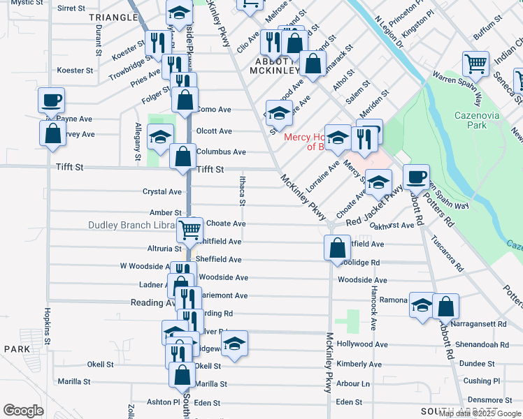map of restaurants, bars, coffee shops, grocery stores, and more near 117 Bloomfield Avenue in Buffalo