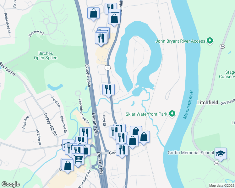 map of restaurants, bars, coffee shops, grocery stores, and more near 3 Pondview Drive in Merrimack