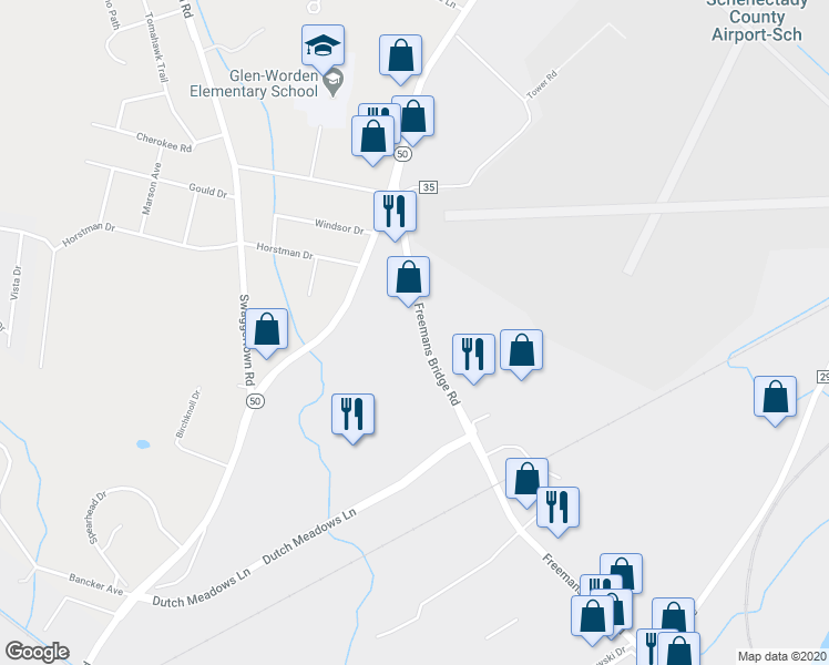 map of restaurants, bars, coffee shops, grocery stores, and more near 157 Freemans Bridge Road in Schenectady