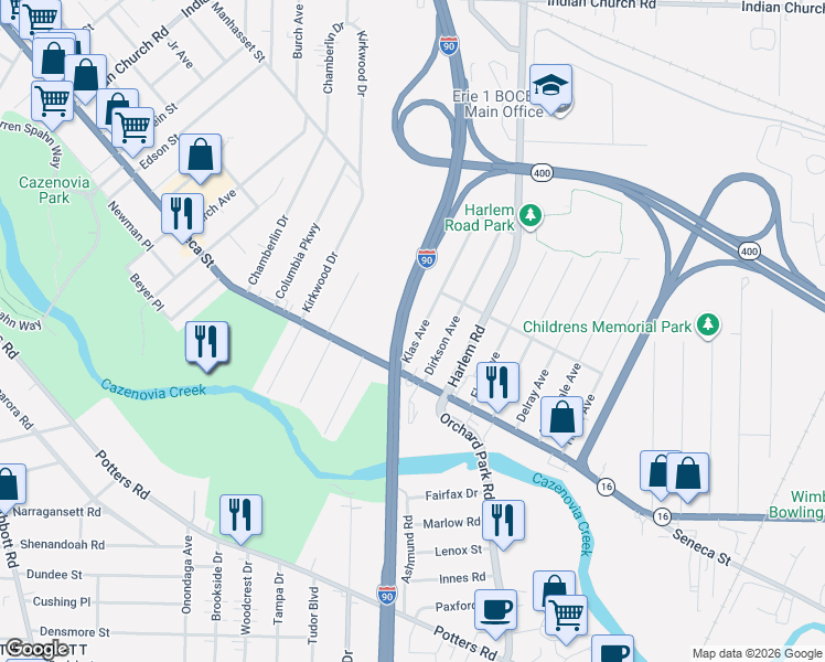 map of restaurants, bars, coffee shops, grocery stores, and more near 29 Klas Avenue in Buffalo