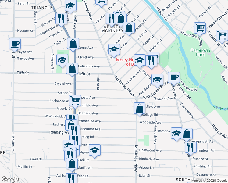 map of restaurants, bars, coffee shops, grocery stores, and more near 166 Choate Avenue in Buffalo