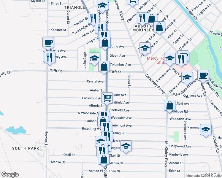 map of restaurants, bars, coffee shops, grocery stores, and more near 1996 South Park Avenue in Buffalo