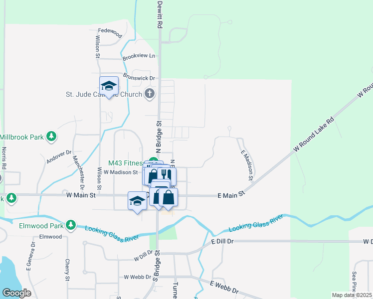 map of restaurants, bars, coffee shops, grocery stores, and more near 300 Riverwind Drive in DeWitt