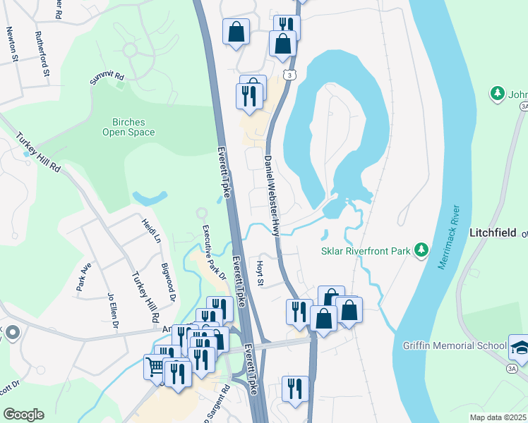 map of restaurants, bars, coffee shops, grocery stores, and more near 23 Arlington Street in Merrimack