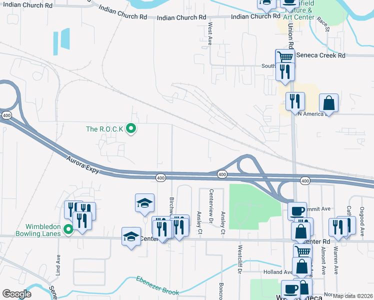 map of restaurants, bars, coffee shops, grocery stores, and more near 303 Meyer Road in West Seneca