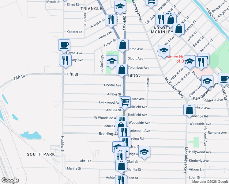 map of restaurants, bars, coffee shops, grocery stores, and more near 192 Lockwood Avenue in Buffalo