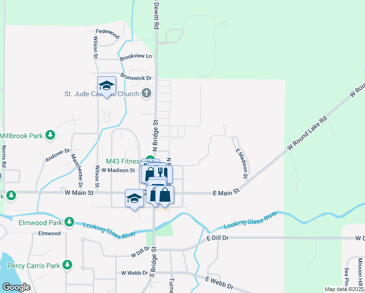 map of restaurants, bars, coffee shops, grocery stores, and more near 213 East Madison Street in DeWitt