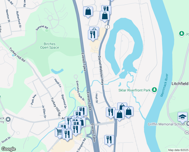 map of restaurants, bars, coffee shops, grocery stores, and more near 97 East Ridge Road in Merrimack