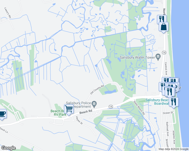 map of restaurants, bars, coffee shops, grocery stores, and more near 35 Old County Road in Salisbury