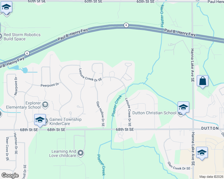 map of restaurants, bars, coffee shops, grocery stores, and more near 6727 Leisure Way Drive Southeast in Caledonia