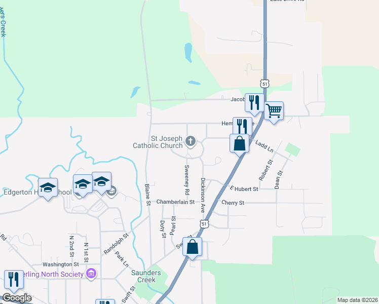 map of restaurants, bars, coffee shops, grocery stores, and more near 590 South Saint Joseph's Circle in Edgerton
