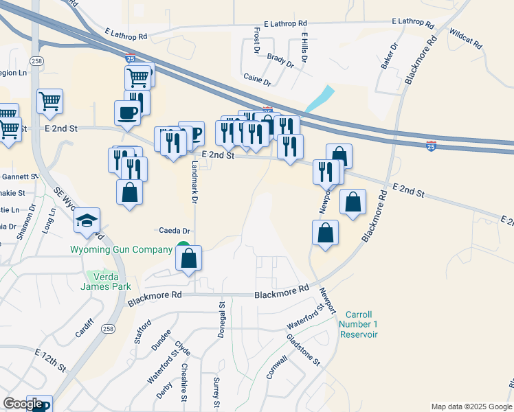 map of restaurants, bars, coffee shops, grocery stores, and more near 5041 Pay It Forward Drive in Casper
