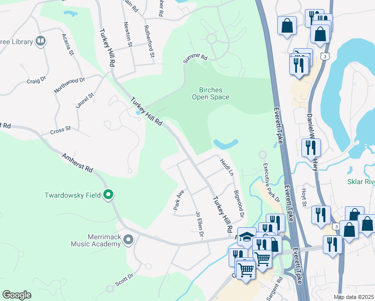 map of restaurants, bars, coffee shops, grocery stores, and more near 148 Turkey Hill Road in Merrimack