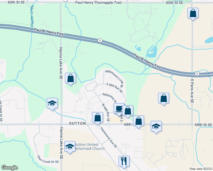 map of restaurants, bars, coffee shops, grocery stores, and more near 6351 Millstream Loop Southeast in Caledonia