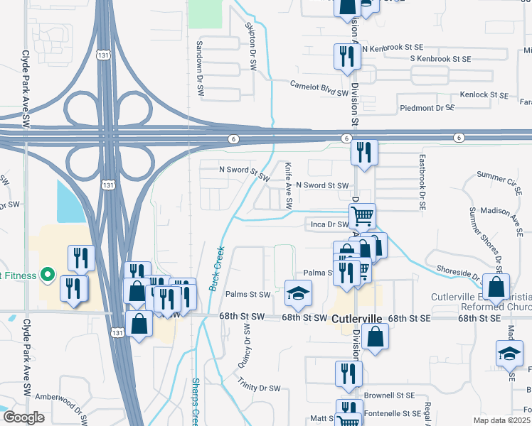 map of restaurants, bars, coffee shops, grocery stores, and more near 6486 Fork Avenue Southwest in Grand Rapids