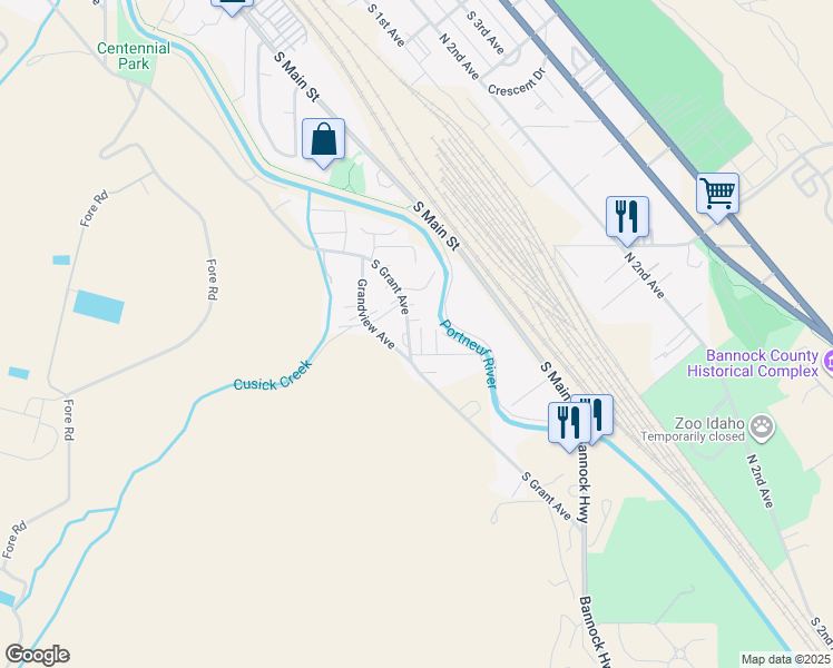 map of restaurants, bars, coffee shops, grocery stores, and more near 2220 Clinton Street in Pocatello